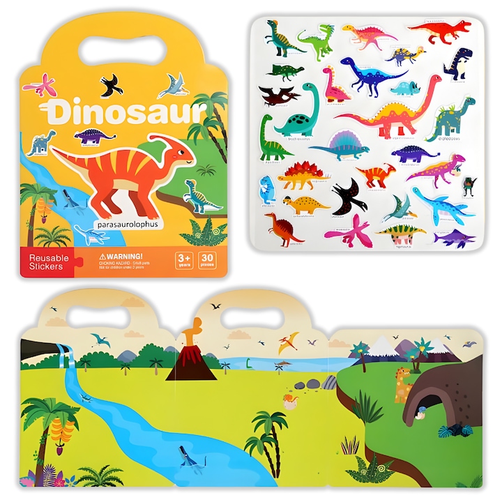 Carte cu stickere reutilizabile Busy Book, jucarie educativa Montessori cu abtibilduri, include 30 autocoloane refolosibile, pentru copii 3+, tematica Dinozauri