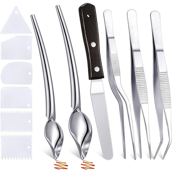 Set de ustensile de bucatarie cu 12 piese, BOMSTOM, 6 razuitoare din plastic + 2 linguri decorative + 3 clesti de bucatarie + 1 razuitoare din otel inoxidabil, argintiu