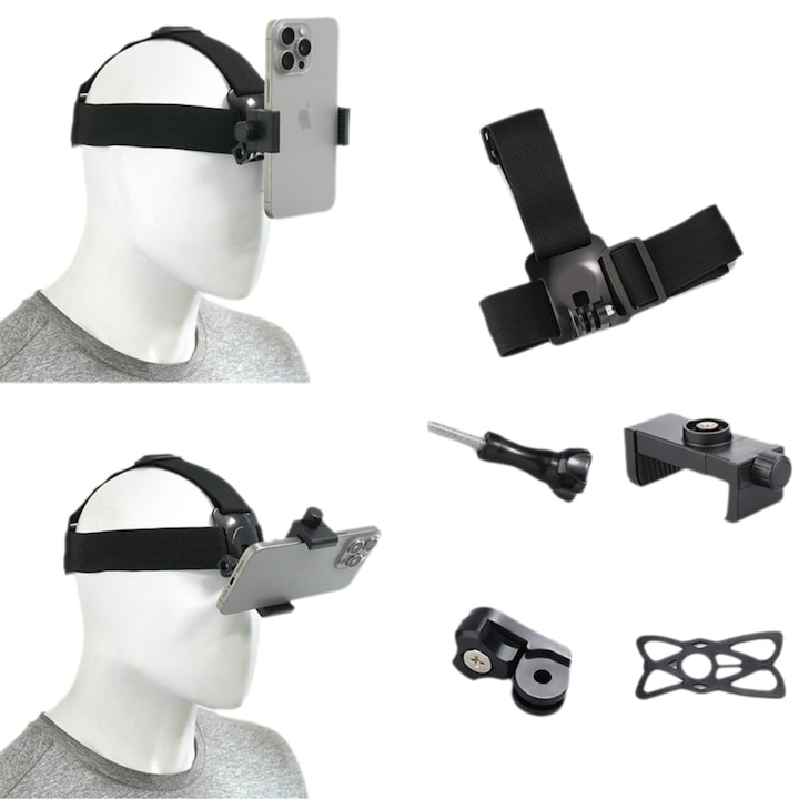 Опора за глава със скоба за телефон (4"-7"), за POV заснемане, стрийминг на живо и дейности на открито, съвместима с iPhone, Samsung, GoPro, Insta360, Sony, DJI и други екшън камери, включва регулируема каишка за глава