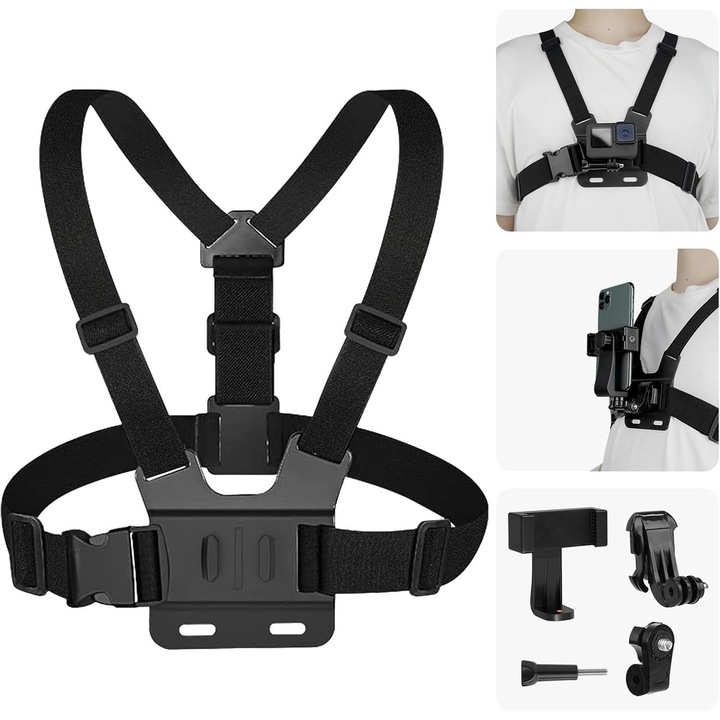 Стойка за мобилен телефон, колан за гърди, съвместим с GoPro Hero 13/12/11/10/9/8/7/6/5, Insta360 X3 ONE X2, DJI Osmo Action 4/3