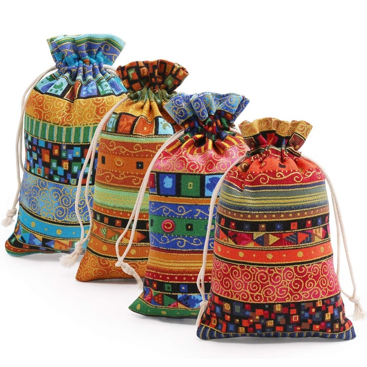 Tioialz® Pungi de in in stil etnic, 20 bucati (10 x 14 cm), pungi de cadou cu snur, pungi reutilizabile din vata de zahar, potrivite pentru cadouri de nunta