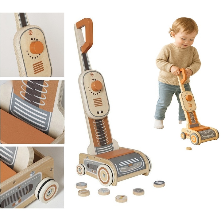 Jucarie din Lemn pentru Copii Dusty Cleaner Indiggo@, Aspirator Interactiv si Educativ, Include 6 Discuri din Lemn, 3 Ani+, Brown