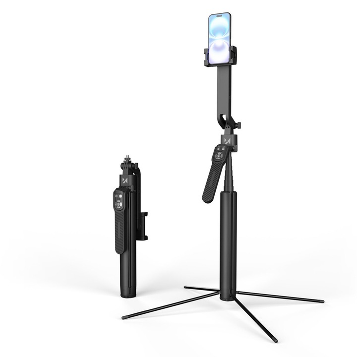 Selfie stick cu trepied și telecomandă Wozinsky WST-360YS, rotire 360°, urmărire automată AI, negru
