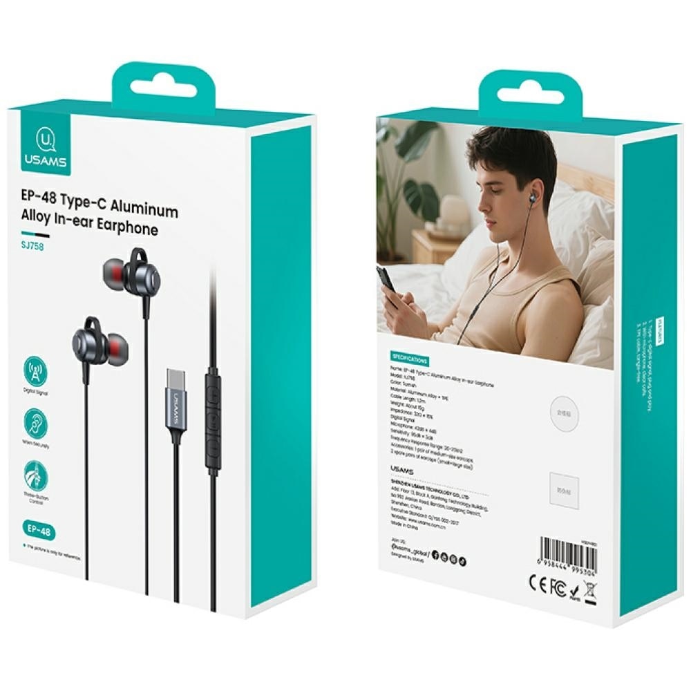 Casti audio cu microfon Usams EP-48, In-ear, USB-C, Negru, Lungime cablu 1.2m