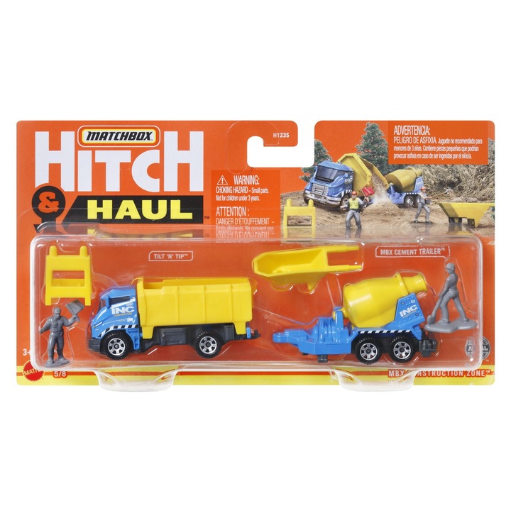 Set Matchbox Hitch&Haul 2 Vehicule Zona de Constructie, Remorcă, 1:64, Metal, pentru băieți, 3 ani
