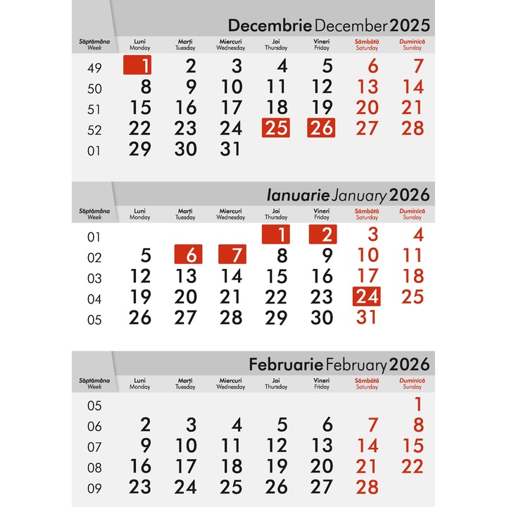 Calendar de perete 2026, 12 file, roșu+negru, 300x430mm