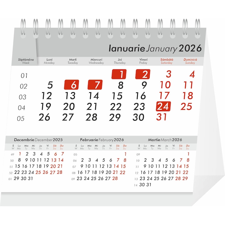 Calendar de birou 2026, 120x140mm, 6 file, roșu/negru