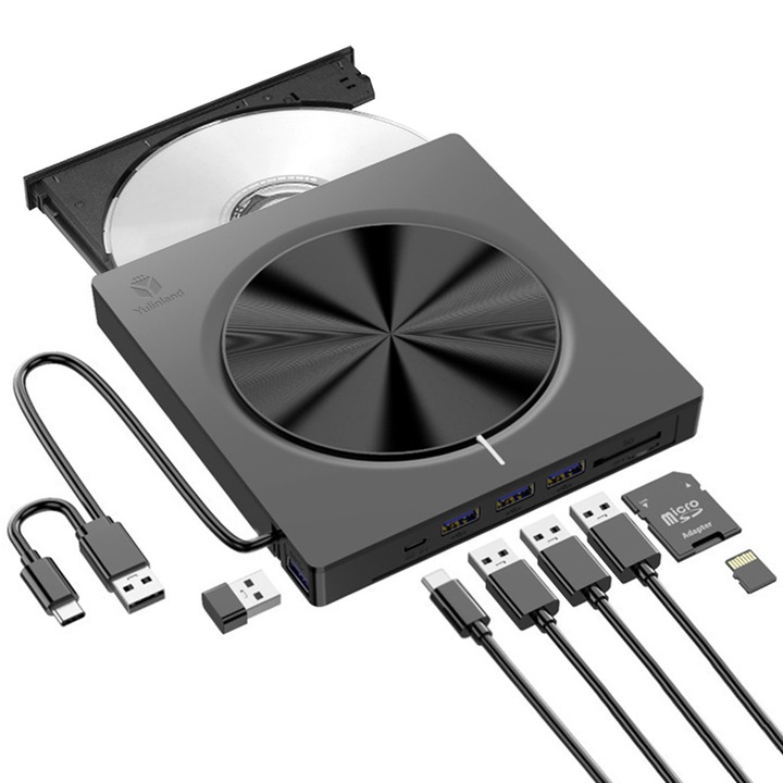 Unitate externa CD/DVD 7 in 1, Yulinland®, Unitate externa portabila, USB / Type-C / TF / SD, Unitate externa compatibila cu Laptop, Desktop, Mac, Linux, Windows, Negru
