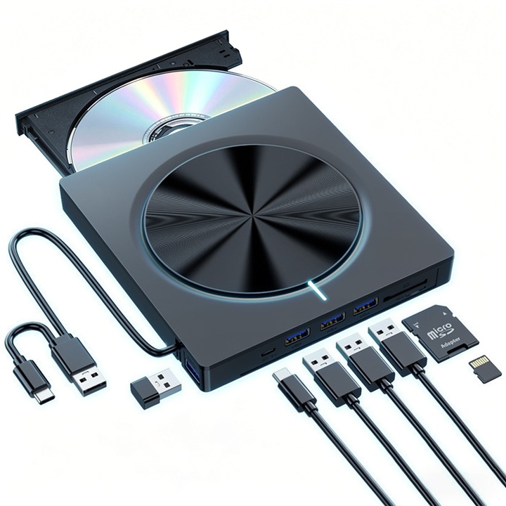 Unitate externa CD/DVD 7 in 1, Yulinland®, Unitate externa portabila, USB / Type-C / TF / SD, Unitate externa compatibila cu Laptop, Desktop, Mac, Linux, Windows, Negru