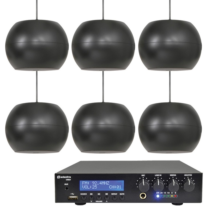 Sistem audio suspendat cu 6 boxe sferice și amplificator, AdAstra, negru, pentru 150-200 mp