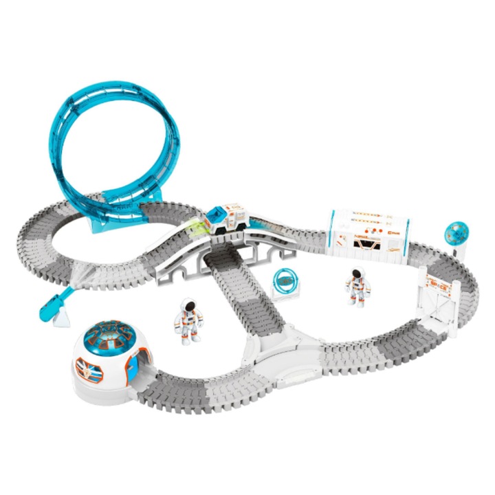Set de joacă interactiv, circuit spatial cu vehicul electric, 205 piese, tematica astronauti, 46x31x11cm