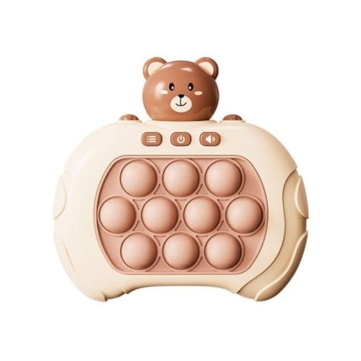 Joc electronic educativ pentru copii, Pop It Maxlife MXPS-100, 4 functii interactive, lumini si sunete, model Ursulet Alb-Maro – jucarie portabila pentru dezvoltarea atentiei si coordonarii