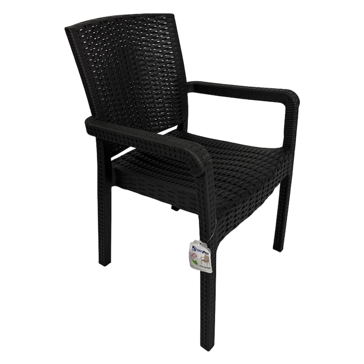 Scaun de Gradina King, Terasa, Fabricat din Plastic Model Ratan, Culoare Negru, Greutatea maxima 130 Kg