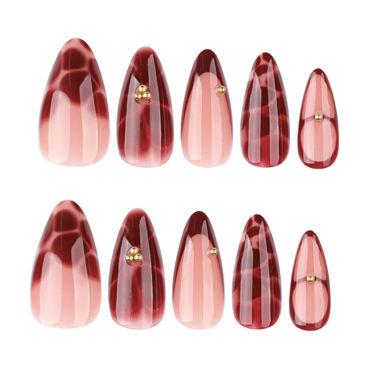 Set 24 unghii false, rosu, design texturat