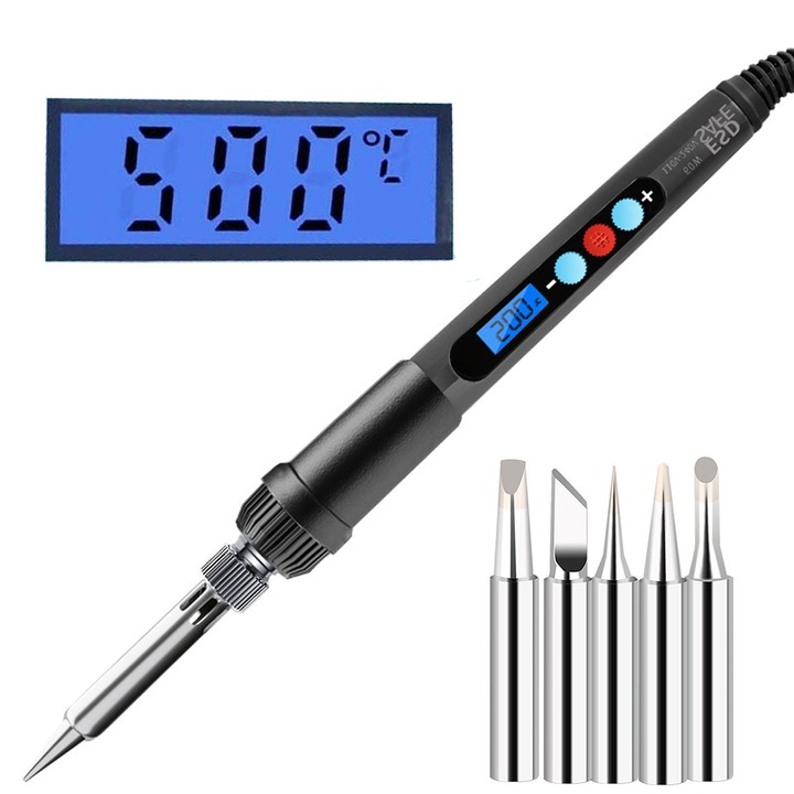 Fier de lipit cu pistol de precizie 60W cu reglaj digital LCD + 5 varfuri