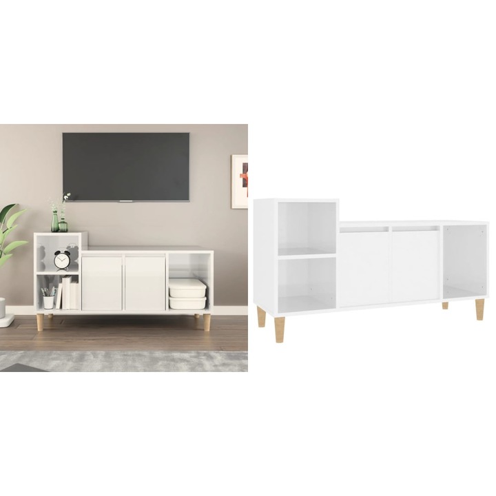 Comoda TV, alb extralucios, 100x35x55 cm, lemn prelucrat