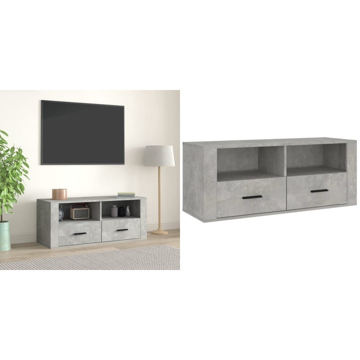 Comoda TV, gri beton, 100x35x40 cm, lemn prelucrat