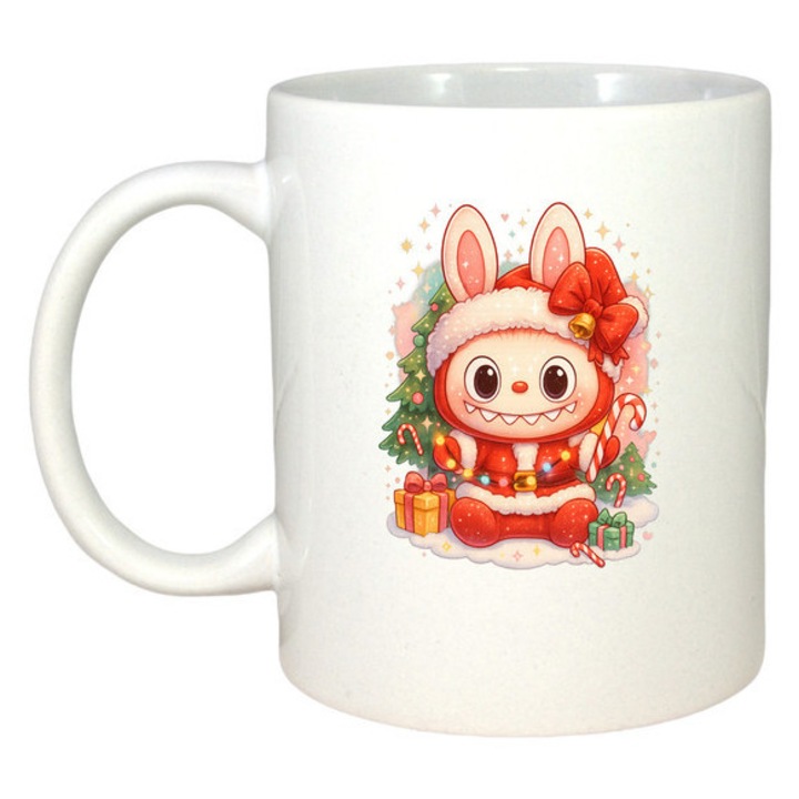 Cana Labubu Craciun Cu Fundita Rosie Si Cadou, Craciun, Sarbatori, Cadou, Secret Santa, Cri-Flo, Culoare Alb, 330 ml