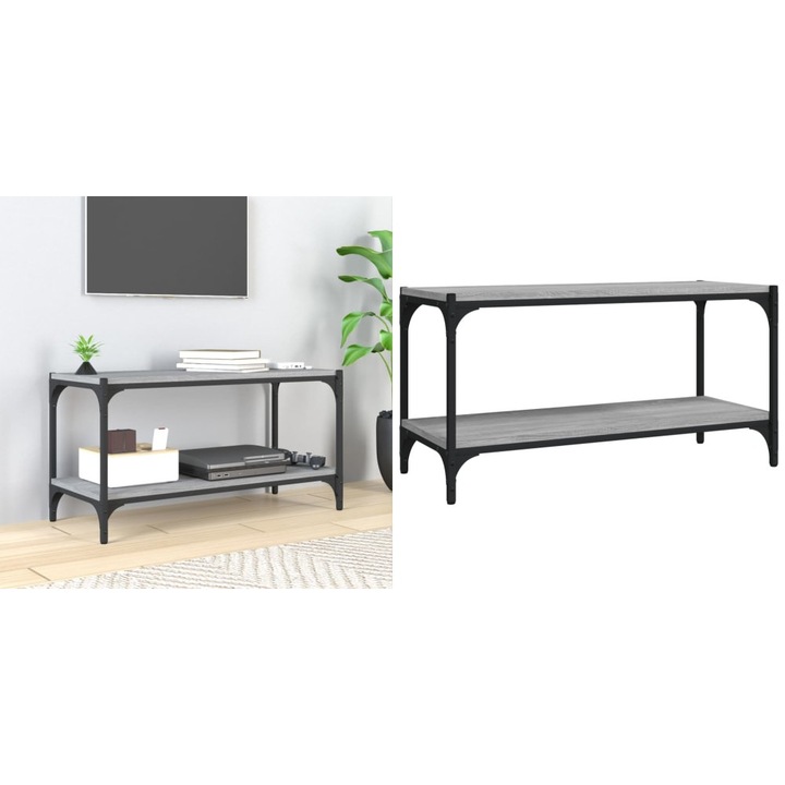 Comoda TV, gri sonoma, 80x33x41 cm, lemn prelucrat si otel