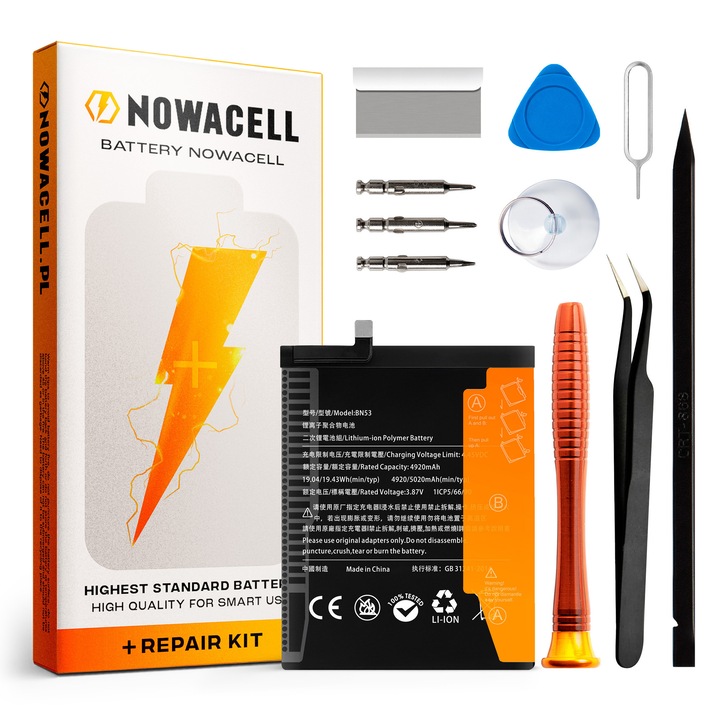 Baterie BN53, 5020 mAh, pentru Xiaomi Redmi Note 9 Pro, Redmi Note 9 Pro Max, Redmi Note 10 Pro, Redmi Note 10 Pro Max, set complet de unelte, NOWACELL