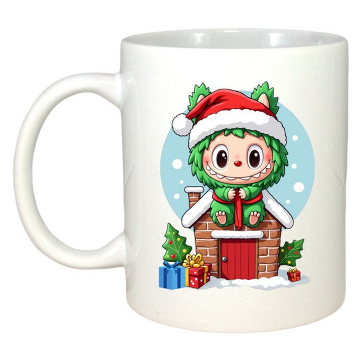 Cana personalizată Labubu Verde Iesind Din Horn, ceramica albă, 330 ml, set cadou Crăciun