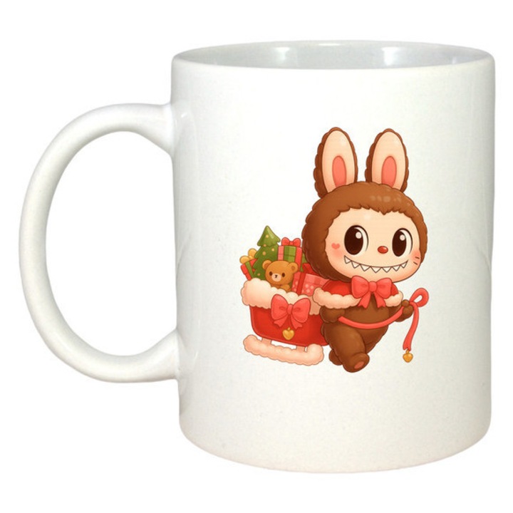 Cana Craciun Labubu Pe Sanie, CRI-FLO, Ceramica, Alb, 330 ml