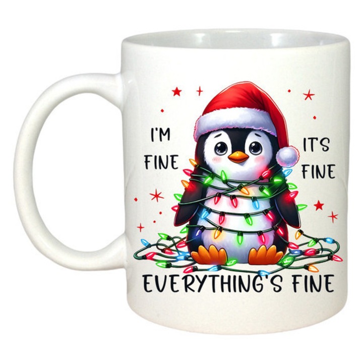 Cana CRI-FLO Pinguin, ceramică albă lucioasă, 330 ml, cadou Crăciun