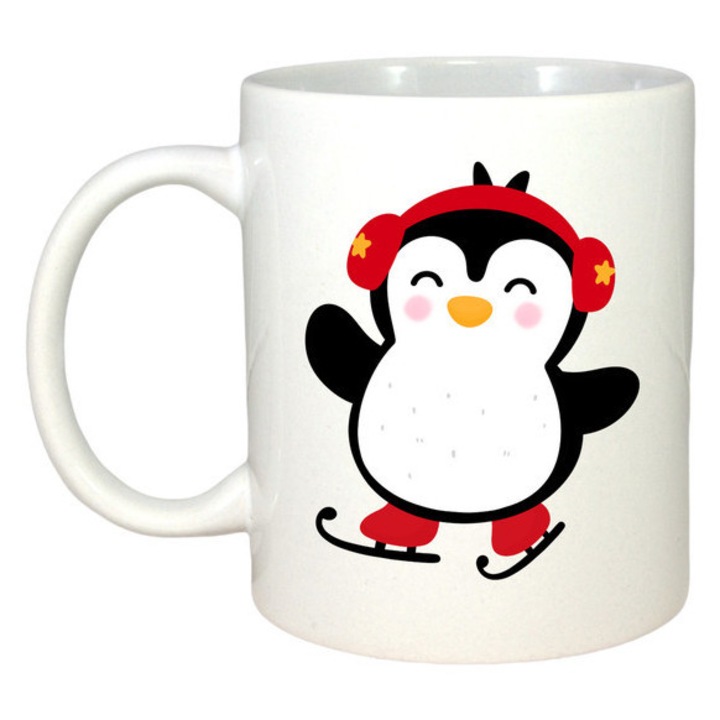 Cana personalizată Pinguin cu căști roșii, alb, 330 ml