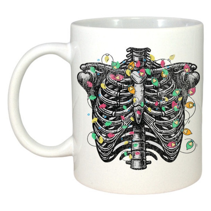 Cana personalizată de Crăciun, CRI-FLO, 330 ml, alb, decorată cu lumini