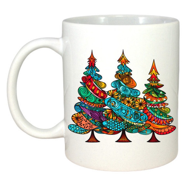 Cana decorata cu braduti, CRI-FLO, ceramică albă lucioasă, 330 ml, pentru Crăciun, cadou