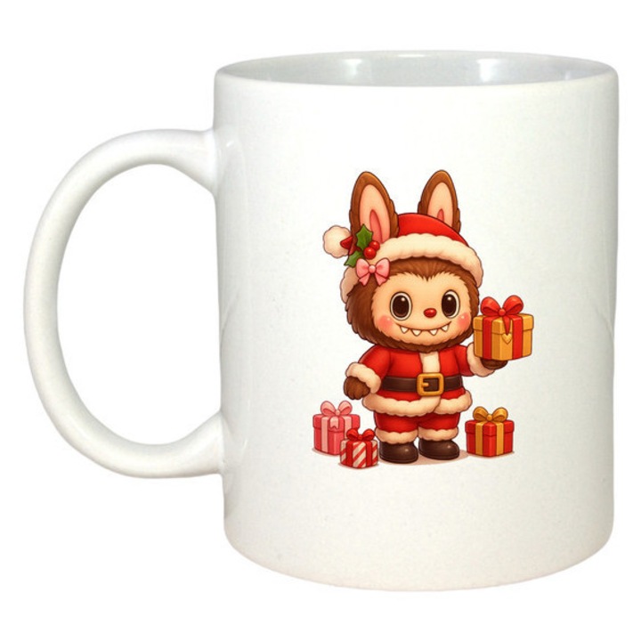 Cana Labubu Crăciun, CRI-FLO, Alb, 330 ml, ceramica