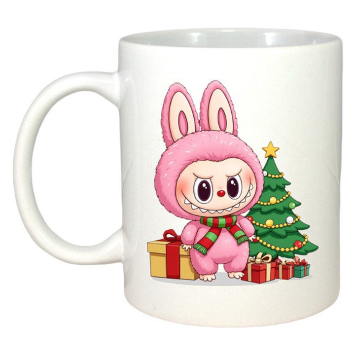 Cana ceramica alba 330 ml Labubu, CRI-FLO, personalizabila, pentru Craciun, set cadou