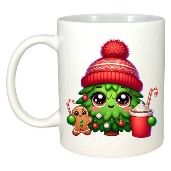 Cana personalizată Crăciun, Cri-Flo, alb, 330 ml, ideală pentru cadouri