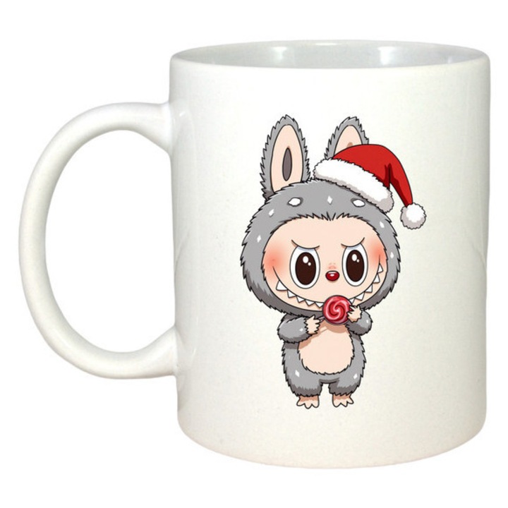 Cana Labubu Gri Crăciun, CRI-FLO, ceramică albă lucioasă, 330 ml