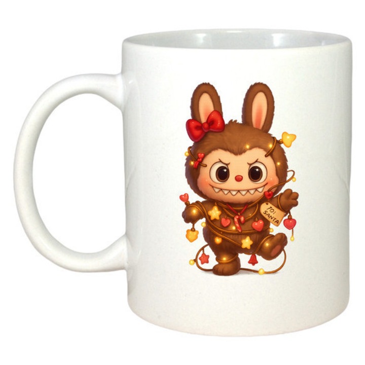 Cana Crăciun Labubu, Cri-Flo, alb, 330 ml, cu șir de lumini