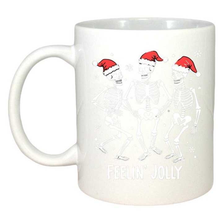 Cana ceramica personalizata alba 330 ml cu scheleti dansand, Craciun, set cadou