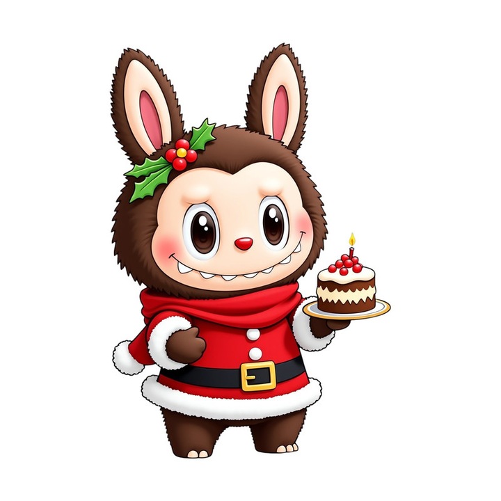 Sticker Labubu Craciun Cu Prajitura Si Sacou Rosu, Autoadeziv, Craciun, dimensiune 15 cm