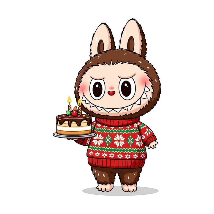 Sticker Labubu Maroniu Cu Prajitura Craciun, Autoadeziv, Craciun, dimensiune 15 cm