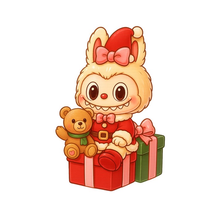 Sticker decorativ Craciun, CRI-FLO, Labubu cu bastonas si cadouri, autoadeziv, 25cm