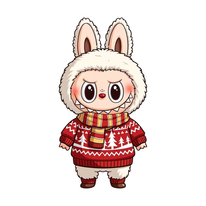 Sticker decorativ Craciun, CRI-FLO, Labubu in hanorac alb, autoadeziv, 20cm