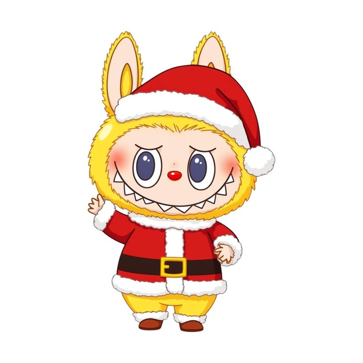 Sticker Labubu Galben Mos Craciun Cu Manusi, Autoadeziv, Craciun, dimensiune 20 cm