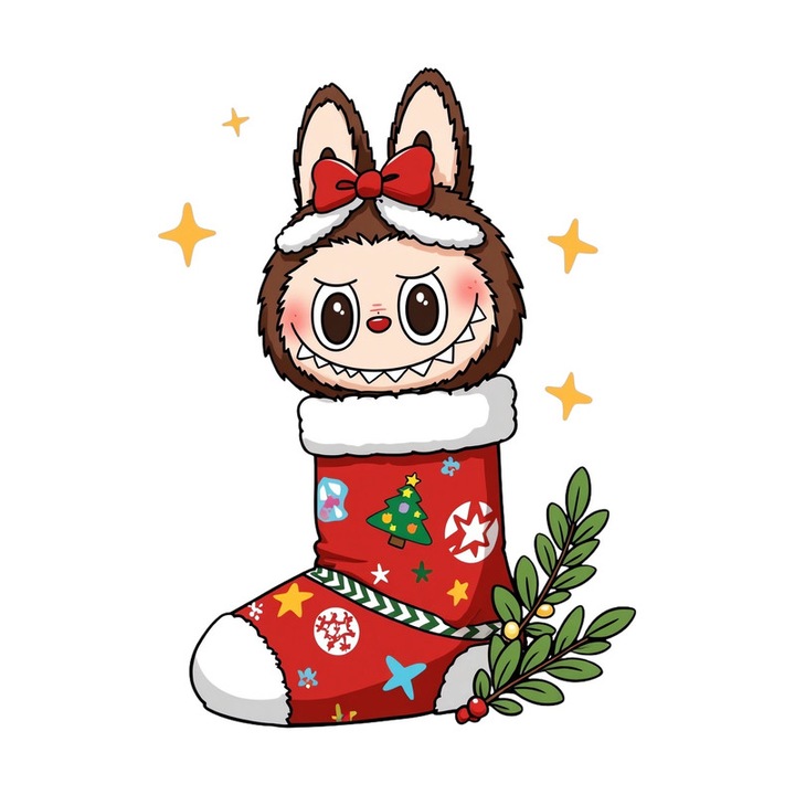 Sticker Crăciun Labubu în Sosetă cu Fundiță, autoadeziv, 15 cm, multicolor