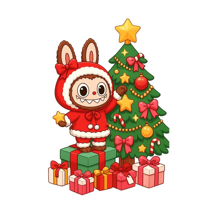 Sticker Labubu Langa Brad Cu Multe Cadouri, Autoadeziv, Craciun, dimensiune 15 cm