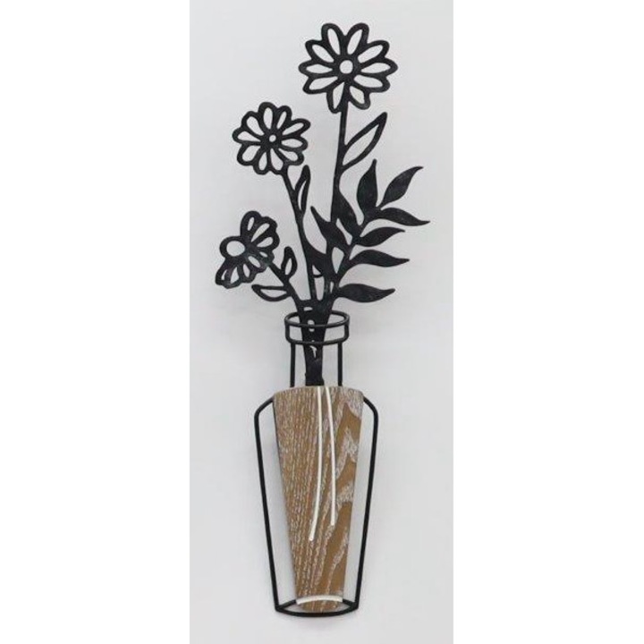 Decoratiune metalica de perete, model flori in vaza, culoare negru maro, 17.8x48.9x1.9 cm