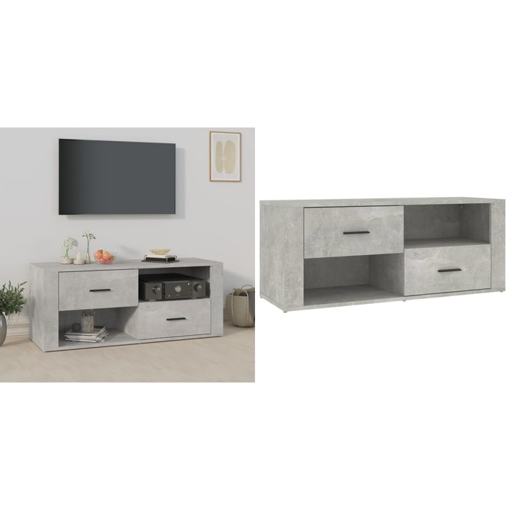 Comoda TV, gri beton, 100x35x40 cm, lemn prelucrat