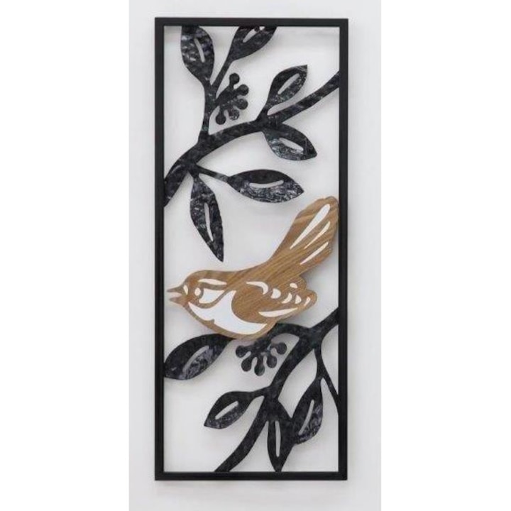 Decoratiune metalica de perete, model pasare pe creanga, culoare negru maro, 27.9x69.9x2.5 cm