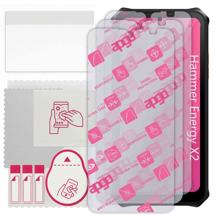 3x apgo Ultra-Clear Hybrid sticla protectoare compatibila cu Hammer Energy X2, sticla nano flexibila, inlocuire excelenta pentru sticla temperata