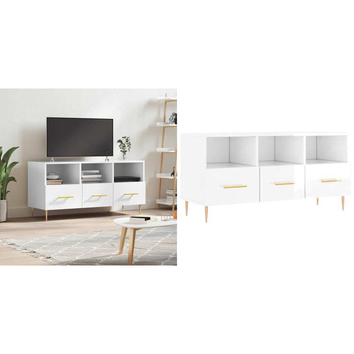 Comoda TV, alb extralucios, 102x36x50 cm, lemn prelucrat