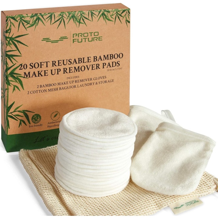 Dischete demachiante reutilizabile rotunde, bambus organic, 20 bucati, cu 2 manusi si 2 saculeti