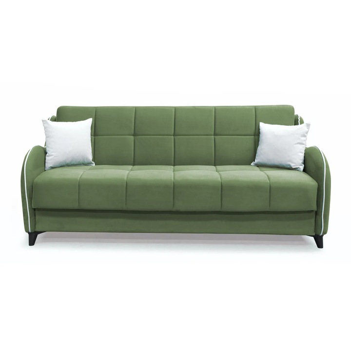 Canapea extensibila Expomob WAVE, 3 locuri, cu arcuri si lada pentru depozitare, dimensiune 198x80x85 cm, culoare verde + crem